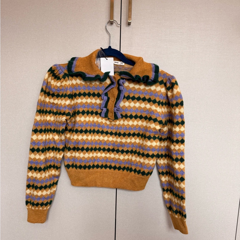 Mango Mustard Multi-Pattern Ruffle Collar Women's… - image 1